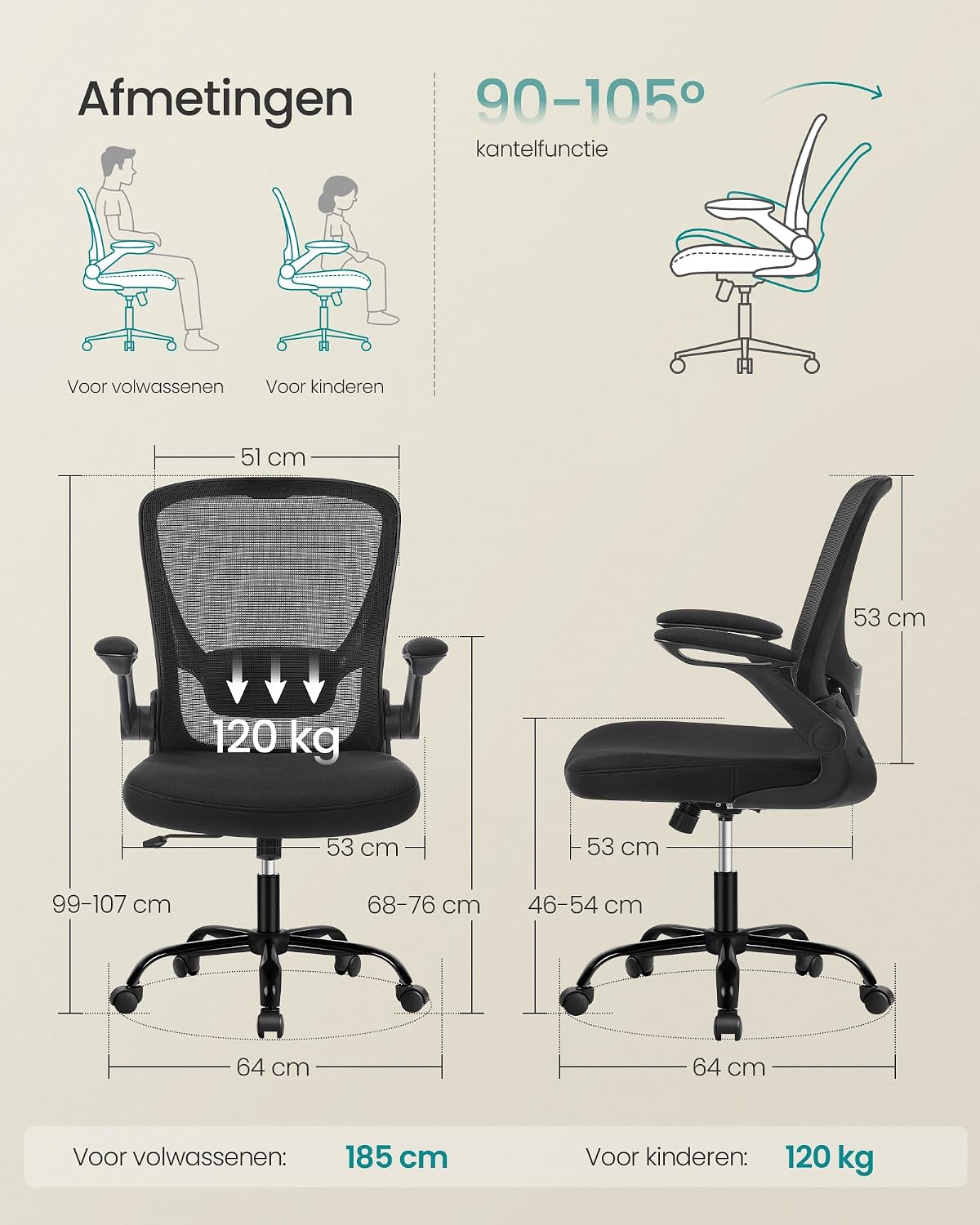 Songmics ergonomische bureaustoel OBN37BK - Opklapbare armleuningen - Zwart