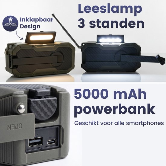 Noodradio Solar Opwindbaar - DAB+ / FM Nood Radio - 5000 mAh Powerbank Zonneenergie - Bouwradio - Badkamer Radio - Noodpakket