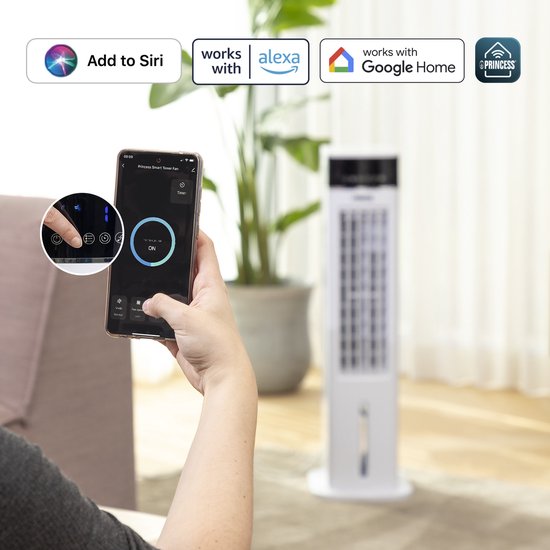 Princess Slimme Aircooler met App & Afstandsbediening – Luchtkoeler Zonder Slang – 3,5L Waterreservoir – Oscillerende Ventilator met Verkoeling – Mobiele Air Cooler voor Slaapkamer, Woonkamer, Kantoor – Wit – Energiezuinig – Timer - 358640