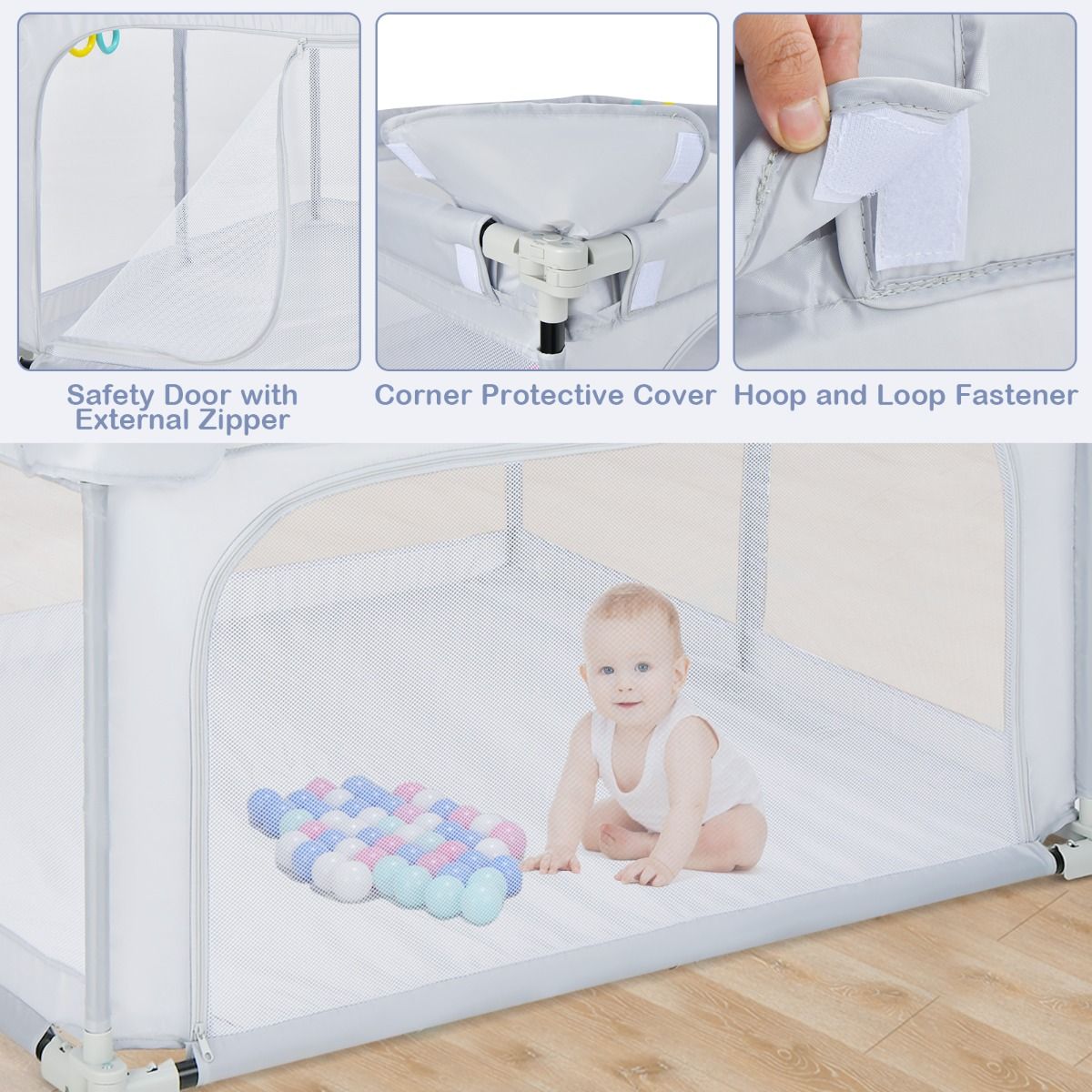 Coast Opvouwbare Babybox 124x124x70 cm Grijs met 50 Oceaanballen en 4 Handgrepen – Oxford Stof, Ademend Gaas
