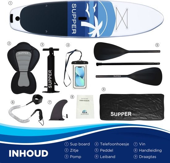 Supper Sup Board XL - Max. 180KG - Opblaasbaar – Verstelbare Peddel – Waterdicht Telefoonhoesje – Zitje – Pomp – Vin – Leash – Draagtas – 335 x 81 cm