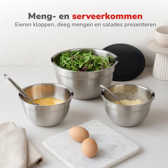 alpina RVS Kommen 3-Delig met Deksel - Slakom Voor Salades - Beslagkom met Deksel - Schalen Voor Mengkom en Bewaren - Snackschaal