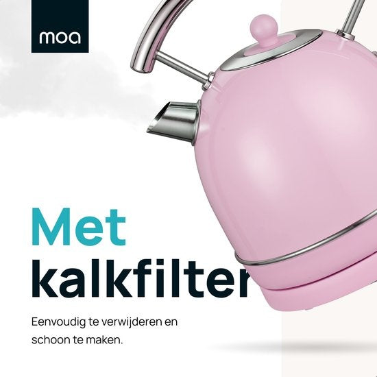 MOA Waterkoker Retro - 1.8L - RVS - BPA vrij - 2200W - 21.30x21.40x28.60 cm - Pastel roze
