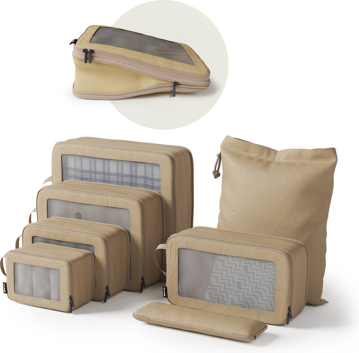 ONYX Compressie Packing Cubes - 7 stuks - Koffer Organizer Set - Compressie rits - Voor koffers en tassen - Bagage & Backpack Compression - Beige