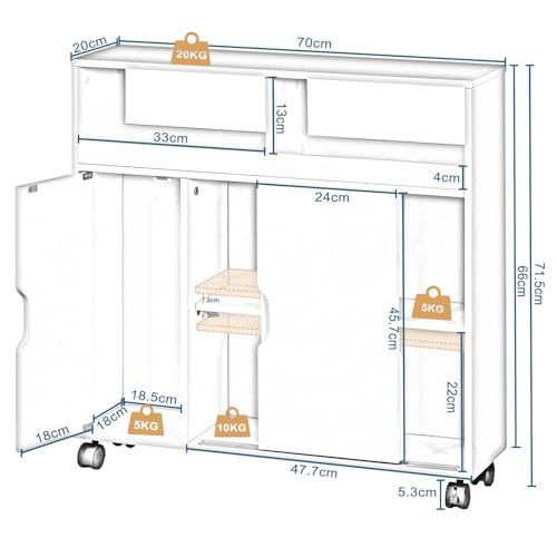 Eugad Badkamerkast met Wielen Multifunctioneel - Wit MDF - 70 x 20 x 71,5 cm