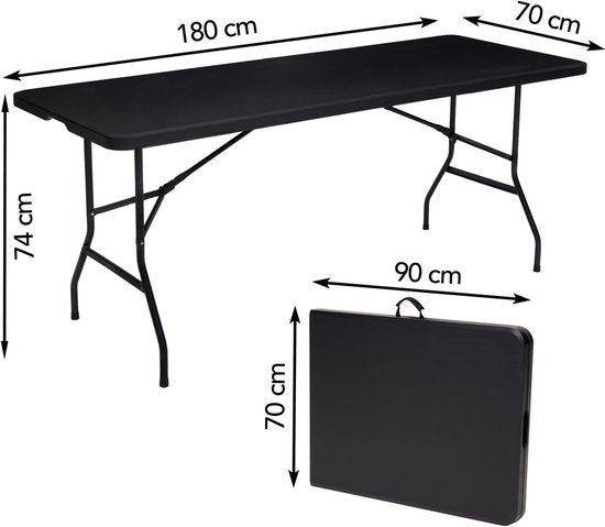 Brixy Inklapbare Tafel - Vouwtafel - 180 x 70 x 74 cm - Campingtafel - Tuintafel - Draagbaar - Zwart