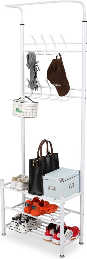 O'DADDY® Staande Kapstok – Met Schoenenrek – Garderoberek Metaal – 66×30×190 cm – Wit