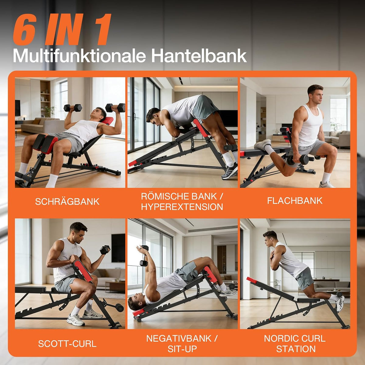 DH FitLife Halterbank 6-in-1 - Verstelbare Rugleuning - Hyperextension & Nordic Curl - Tot 350 kg - 163 x 50 x 130 cm - Zwart
