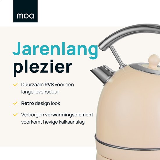 MOA Waterkoker Retro - 1,8 Liter - Elektrische Waterkoker - Anti Calcium Filter - BPA-vrij - RVS - 2200W - Crème