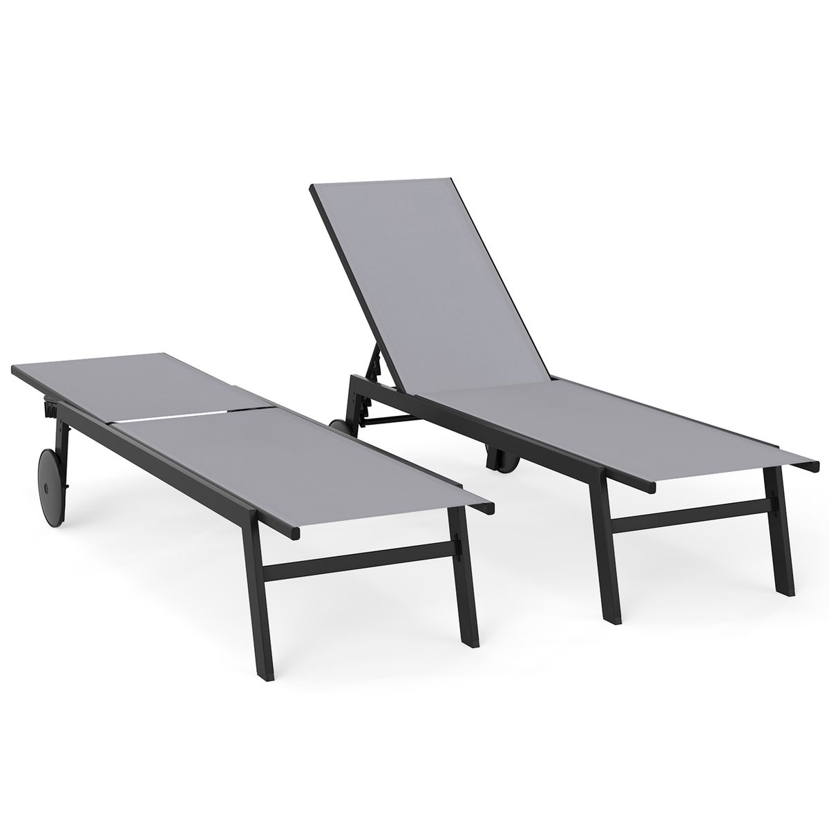 Coast tuinligstoelenset - verstelbare rugleuning - op wielen - metaal en stof - zwart / bruin / grijs