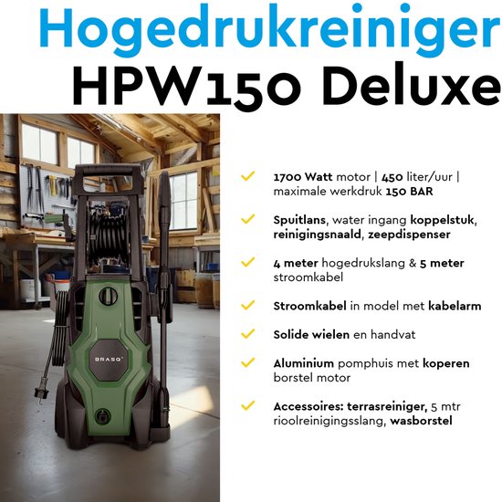 BRASQ Hogedrukreiniger Deluxe - Terrasreiniger - Hogedrukspuit – 1700W - 150 bar - 450 L/H - Complete set