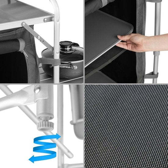 tectake® - Campingkeuken 172x52x104cm - Opvouwbaar - Afsluitbare compartimenten - Stevige werkbladen - Incl. windscherm- grijs