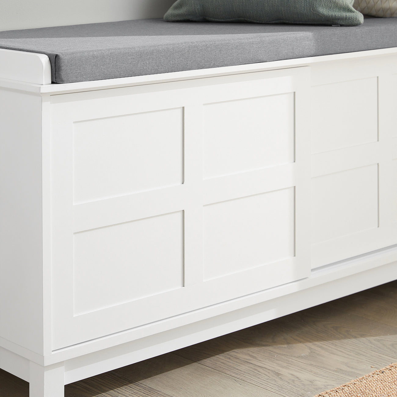 SoBuy Opbergbank met Zitkussen en Schuifdeuren – Schoenenkast voor Hal – Wit/Grijs – 114×40×53 cm