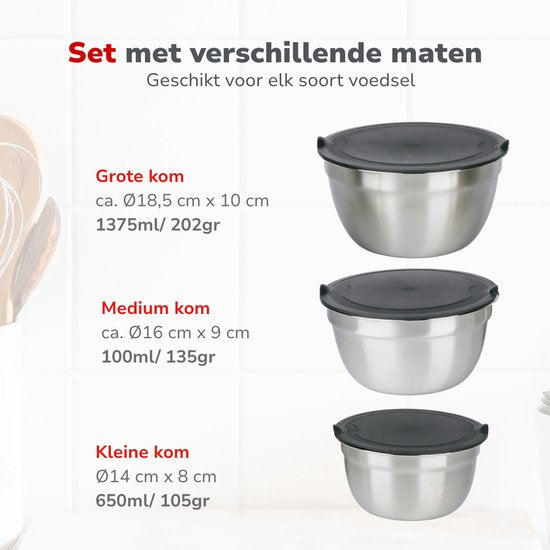 alpina RVS Kommen 3-Delig met Deksel - Slakom Voor Salades - Beslagkom met Deksel - Schalen Voor Mengkom en Bewaren - Snackschaal