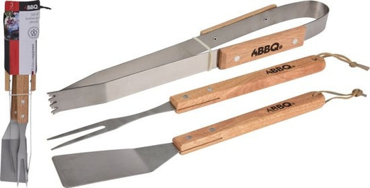 BBQ/barbecue gereedschap set 3-delig met houten handvatten - Tang - Vork - Spatel