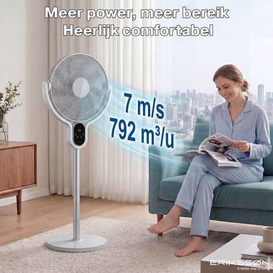 Erikssøn Statiefventilator - Stil En Krachtig 45W - 8 Snelheden - Verstelbaar - Staande Venitlator - Grijs
