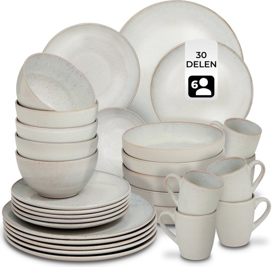 tectake® Serviesset Mare - 30-delig - Aardewerk met Glanzend Glazuur - 6 Persoons - Handgemaakt Servies - Moderne Bordenset met Grote en Kleine Borden, Kommen, Schaaltjes en Kopjes - Vaatwasser- en Magnetronbestendig - Zandkleur