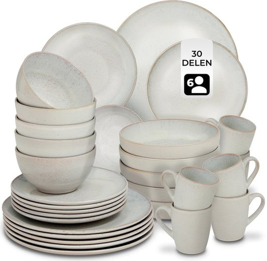 tectake® Serviesset Mare - 30-delig - Aardewerk met Glanzend Glazuur - 6 Persoons - Handgemaakt Servies - Moderne Bordenset met Grote en Kleine Borden, Kommen, Schaaltjes en Kopjes - Vaatwasser- en Magnetronbestendig - Zandkleur