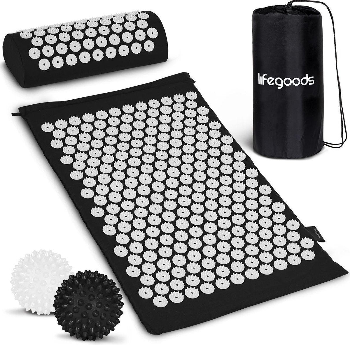 LifeGoods Acupressuur Mat met Kussen - Shakti mat - Spijkermat Incl. 2x Triggerpoint Bal - 66x40x2cm - Zwart/Wit
