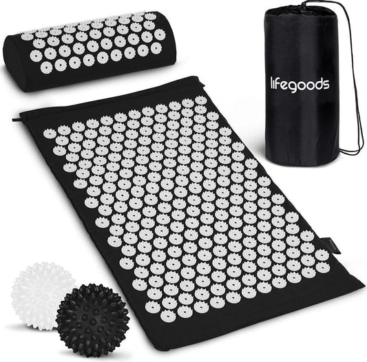 LifeGoods Acupressuur Mat met Kussen - Shakti mat - Spijkermat Incl. 2x Triggerpoint Bal - 66x40x2cm - Zwart/Wit