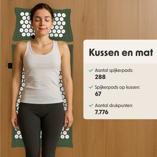 LifeGoods Acupressuur Mat Eco - met Kussen - Shakti mat - Spijkermat Incl. 2x Triggerpoint Bal en Draagtas - 72x43x2cm - Groen/Wit