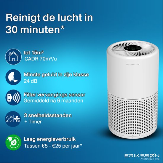 Erikssøn Luchtreiniger - wit - 6W - 24dB - 1 Hepa Filter - 2,35Kg - (B)14.50x(H)25.50cm