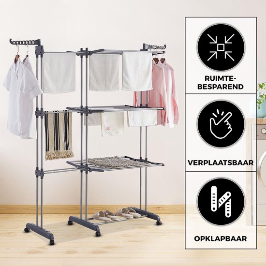 Vonia Droogtoren - Droogrek - Wasrek - Wastoren Dubbel - 3 Lagen - Inklapbaar - 150 x 50 x 171 cm - Grijs