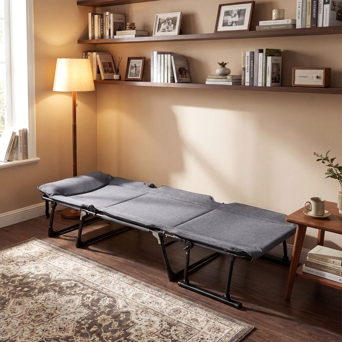 Coast Opvouwbaar Campingbed 3-in-1 - verstelbare rugleuning - hoofdsteun - grijs en zwart