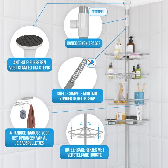 Strex Telescopisch Doucherek RVS - Verstelbaar 70-275 cm - 4 Mandjes - Robuuste Kwaliteit - Bevestigen zonder Boren of Schroeven - Telescopisch Douche Rek Hoek