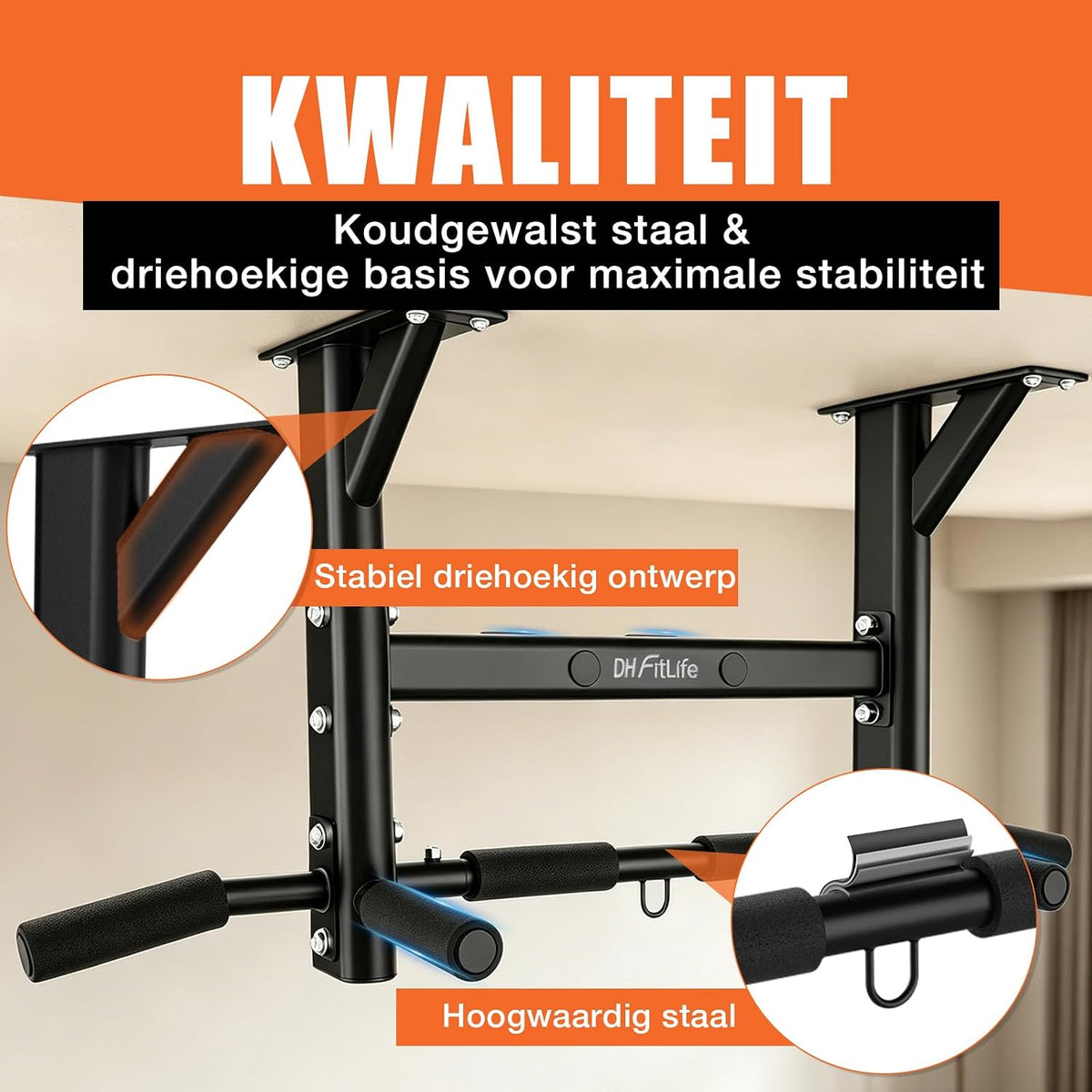 DH FitLife Plafond Optrekstang 4-in-1 - 8 Grepen - Tot 300 kg - 44,5 x 25,5 cm - Zwart