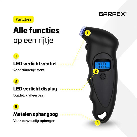 Garpex® Bandenspanningsmeter - Bandendrukmeter - Ingebouwde Zaklamp - Digitaal - Drukmeter