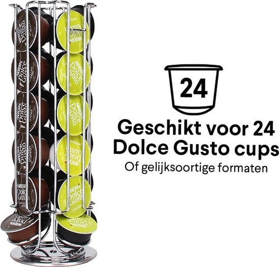 Zindoo Koffie Capsulehouder - Koffiecups standaard - 24 cups - Capsule - Dolce Gusto - Draaibaar - Koffie - Espresso - Metalen standaard - Anti-slip - Cup dispenser - Pad organizer - Zilverkleurig - Capsule houder koffie