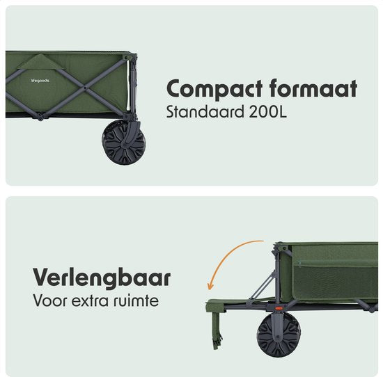 LifeGoods Bolderkar - Opvouwbare Bolderwagen - 130KG - 200L - Uitklapbaar - Met Beschermhoes - Groen