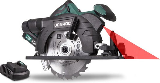 VONROC Accu Cirkelzaag – VPower 20V – Incl. 1x 2.0Ah accu, lader, parallelgeleider & Ø150MM zaagblad