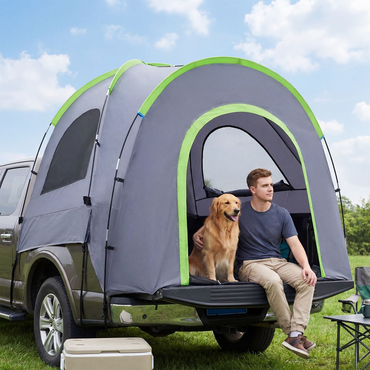 Coast Pick-uptruck Achtertent - voor 4 personen - afneembare regenhoes - groen en grijs