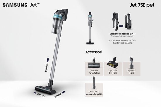 Samsung Jet 75E - 200W - Steelstofzuiger - met Pet Tool - VS20B75AGR1