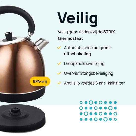 MOA Waterkoker Retro EK3TC – 1,8L – RVS – BPA-Vrij – 2200W – Koper – Ingebouwde Thermometer – Anti-Kalkfilter