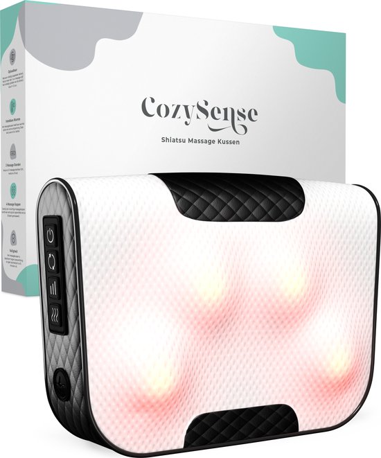 CozySense® Shiatsu Massagekussen - Elektrisch & Draadloos Massage Apparaat voor Nek en Rug - Warmtefunctie - Oplaadbaar - Ergonomisch - Wit