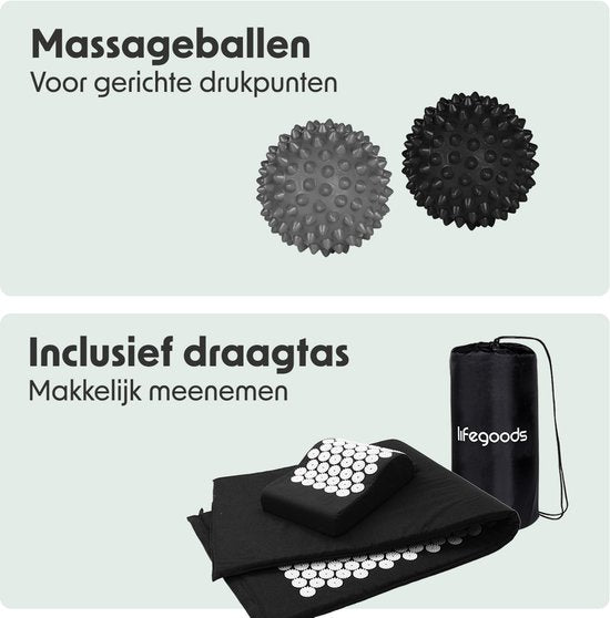 LifeGoods Acupressuur Mat XL - met Kussen - Shakti mat - Spijkermat Incl. 2x Triggerpoint Bal - 128x48x2cm - Zwart/Wit