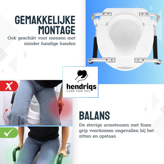 Hendriqs® WC Verhoger 10 cm met Armsteunen & Deksel - Toiletverhoger met Armleuning - Verhoogde WC Bril - Verhoger Volwassenen & Senioren - Toiletstoel in Hoogte Verstelbaar - WC Verhoging - Toiletbril Verhoger