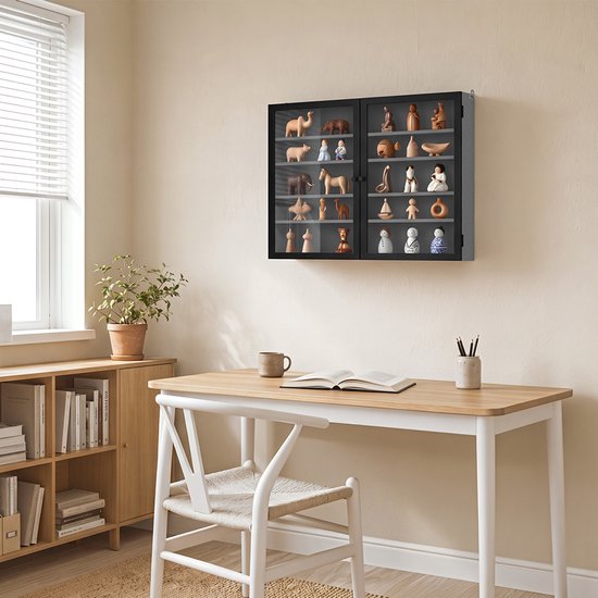 SoBuy Wandvitrine – 4 Verstelbare Legplanken – Glazen Deuren – 80 x 12,2 x 60 cm – Zwart/Grijs
