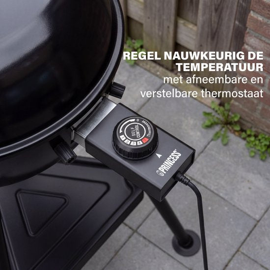 Princess Hybride Kogel BBQ - Elektrische en Houtskool Barbecue - 2000W - Verstelbare Afneembare Thermostaat - Grillrooster met coating - Deksel met Ingebouwde Thermometer - 112270