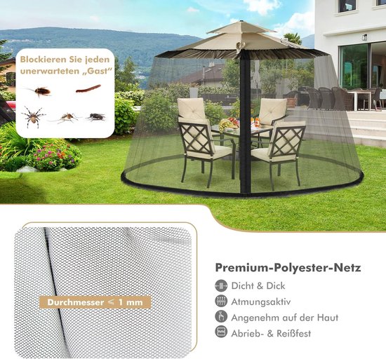 Verstelbaar muggennet voor parasols van 250-300 cm, insectenbescherming met 2 deuren, vulbare basis, vliegengaas, muggennet