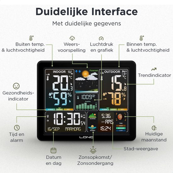 LONQ Weerstation Binnen en Buiten Q5 - Incl. Batterijen - Draadloos Weerstation met Buitensensor - Thermometer Hygrometer - Kleurendisplay - DCF Gestuurde Klok