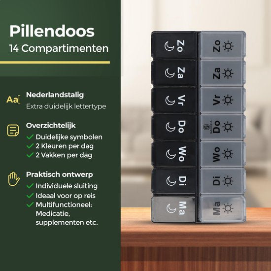 Gandria Pillendoos 7 Dagen - Pillendoosje - Pillesdoosjes met 14 Compartimenten - Medicijndoos met Stevige Sluiting - Grote vakken - Zwart
