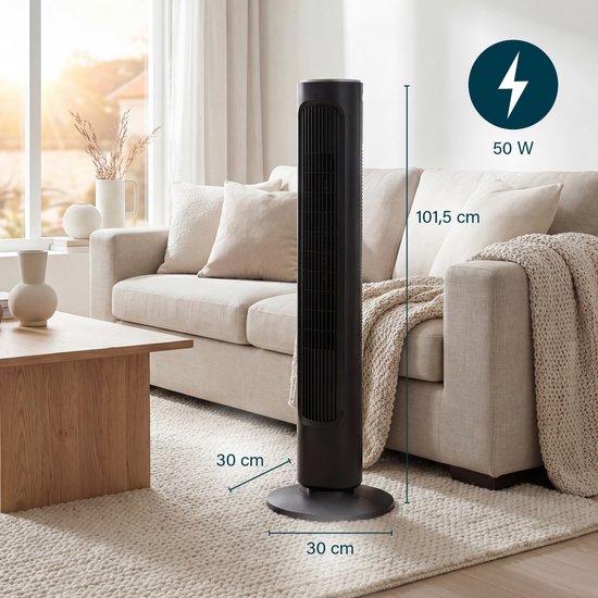 Princess DC Torenventilator 101cm – Extra Stil - 12 Snelheden – Oscillatie – Timer 1-8uur – Met Afstandsbediening - Staande Ventilator – 50W– Zwart - 352390
