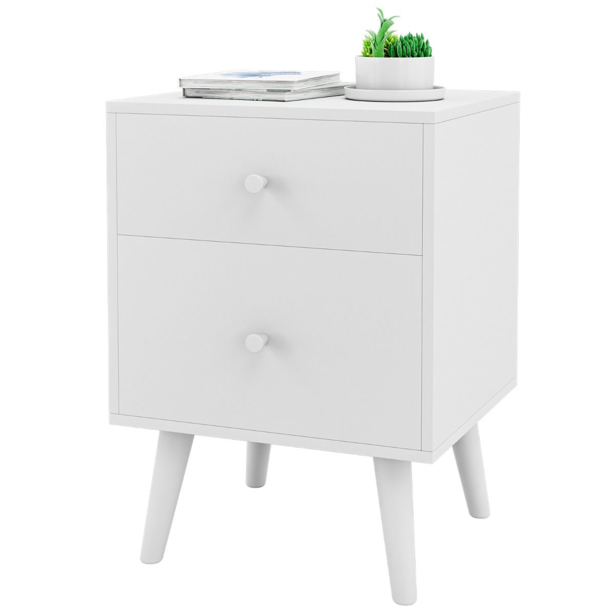 Coast Nachtkastje 2 Lades 45x40x62 cm – Houten Ladekastje Wit met Massief Rubberhouten Poten