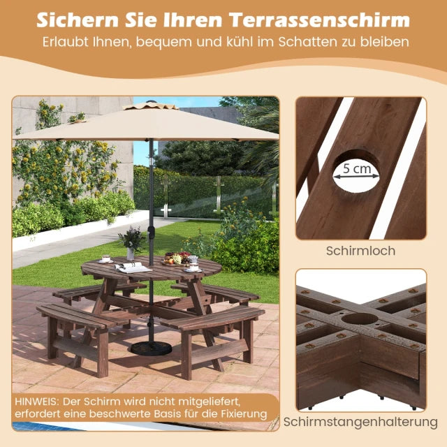 Coast Picknicktafelset - 166,5x166,5x76 cm - 8-Persoons - Hout - Parasolgat - Bruin
