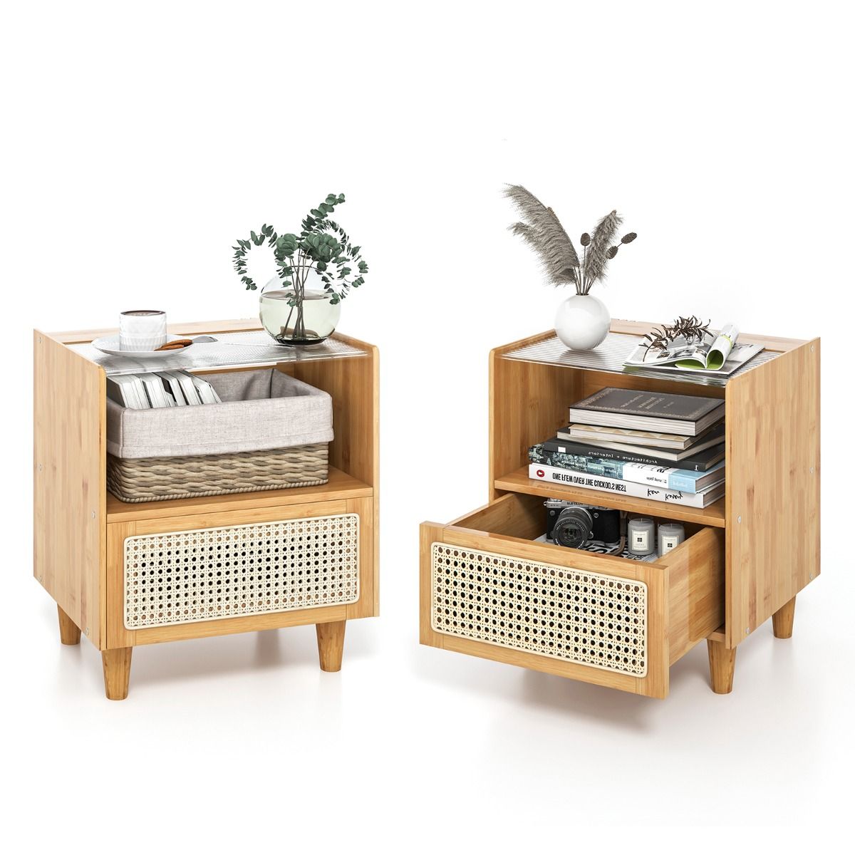 Coast Nachtkastje set van 2 - bamboe en rotan - lade en open vak - natuurkleur 43 x 35 x 50 cm