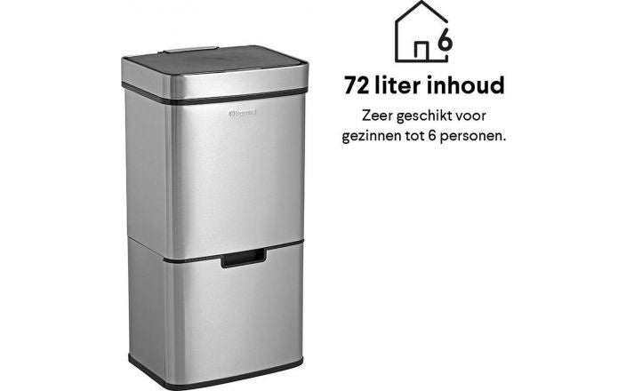 Homra Nexo Sensor Prullenbak – 72L Afvalscheiding (2x12L + 48L) – RVS – Automatisch Openend  – 31.5 x 42 x 82.5 cm -grijs
